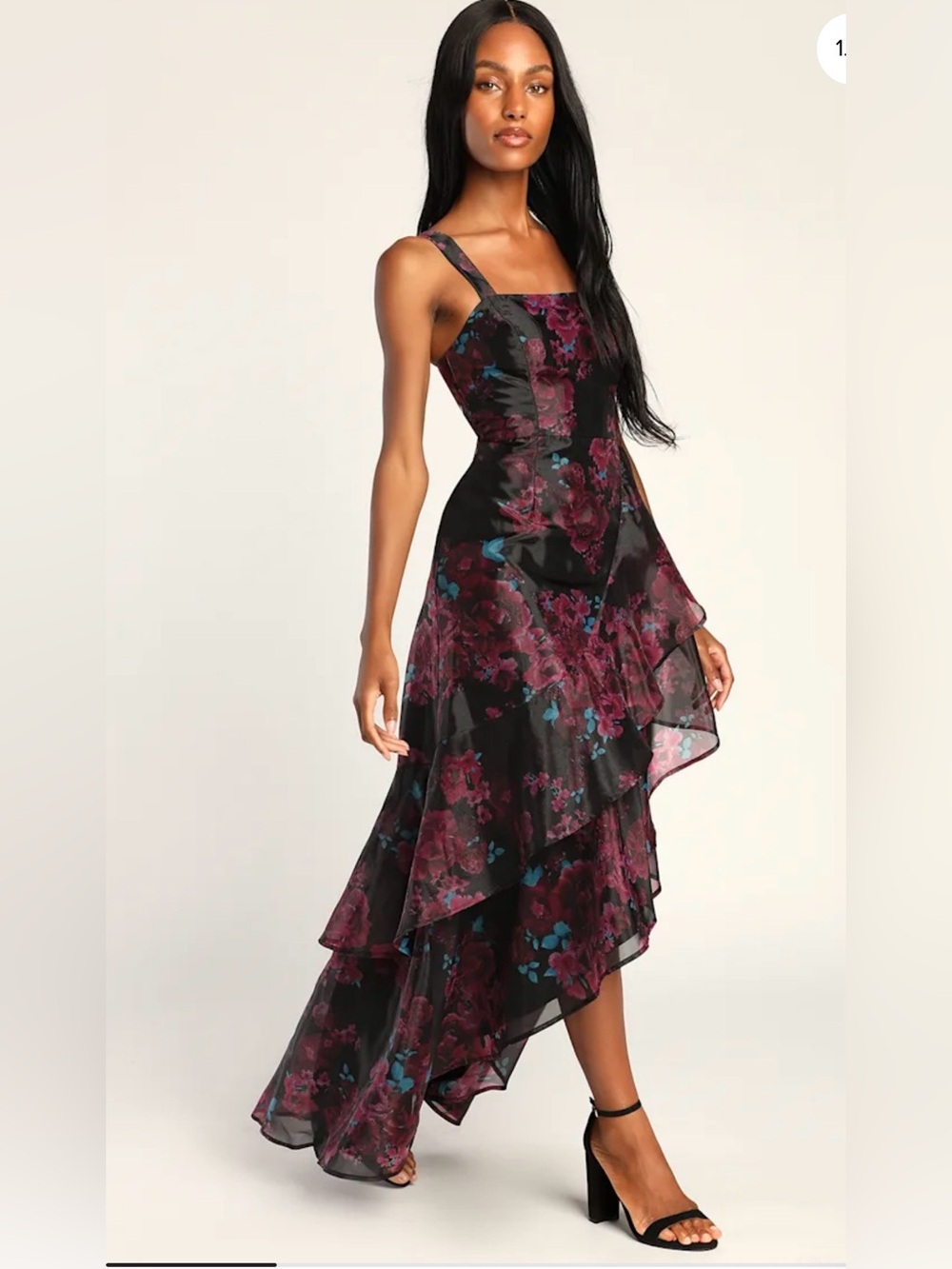 Lulu's Black Floral High-Low Midi Dress with Burgundy and Teal Accents